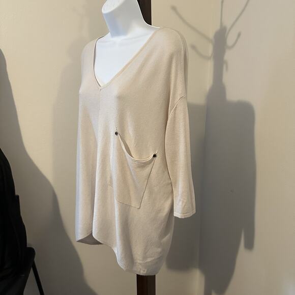 Catwalk Studio Beige Oversized V-Neck Sweater Top S/M Drop Shoulder Pocket - Picture 2 of 4